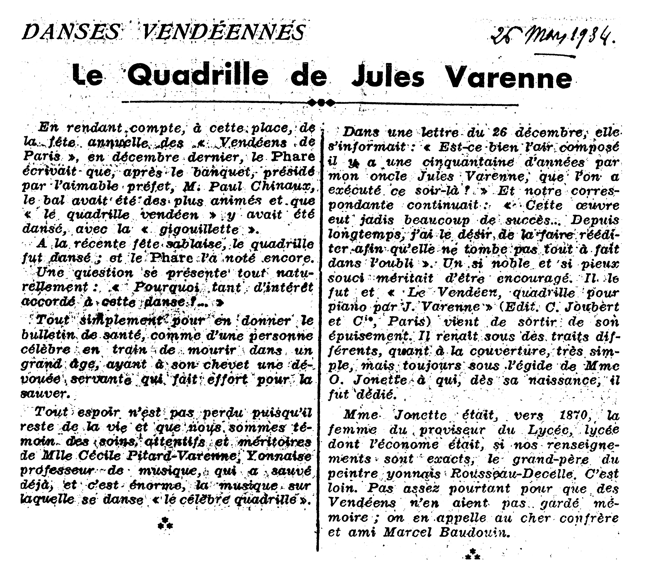Danses vendéennes - Le quadrille de Jules Varenne, article de 1934 par Paul Devigne