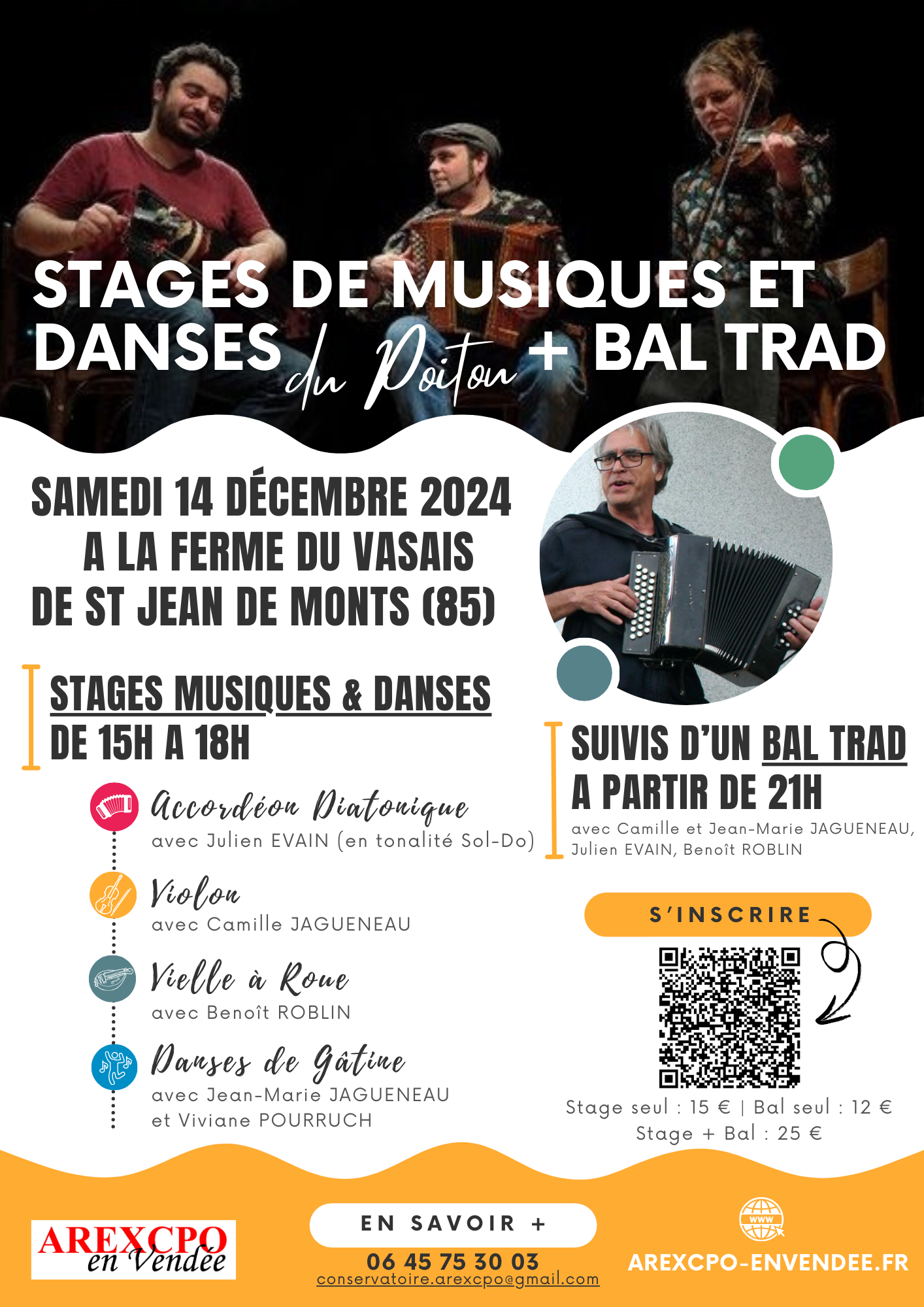 Stage de musique/danse et Bal Folk avec le Trio JAGUENEAU-EVAIN-ROBLIN et Jean-Marie JAGUENEAU 